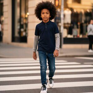 NEW GapKids Long Sleeve Polo Shirt Blue/Gray Sz XXL (14-16)(ID66)